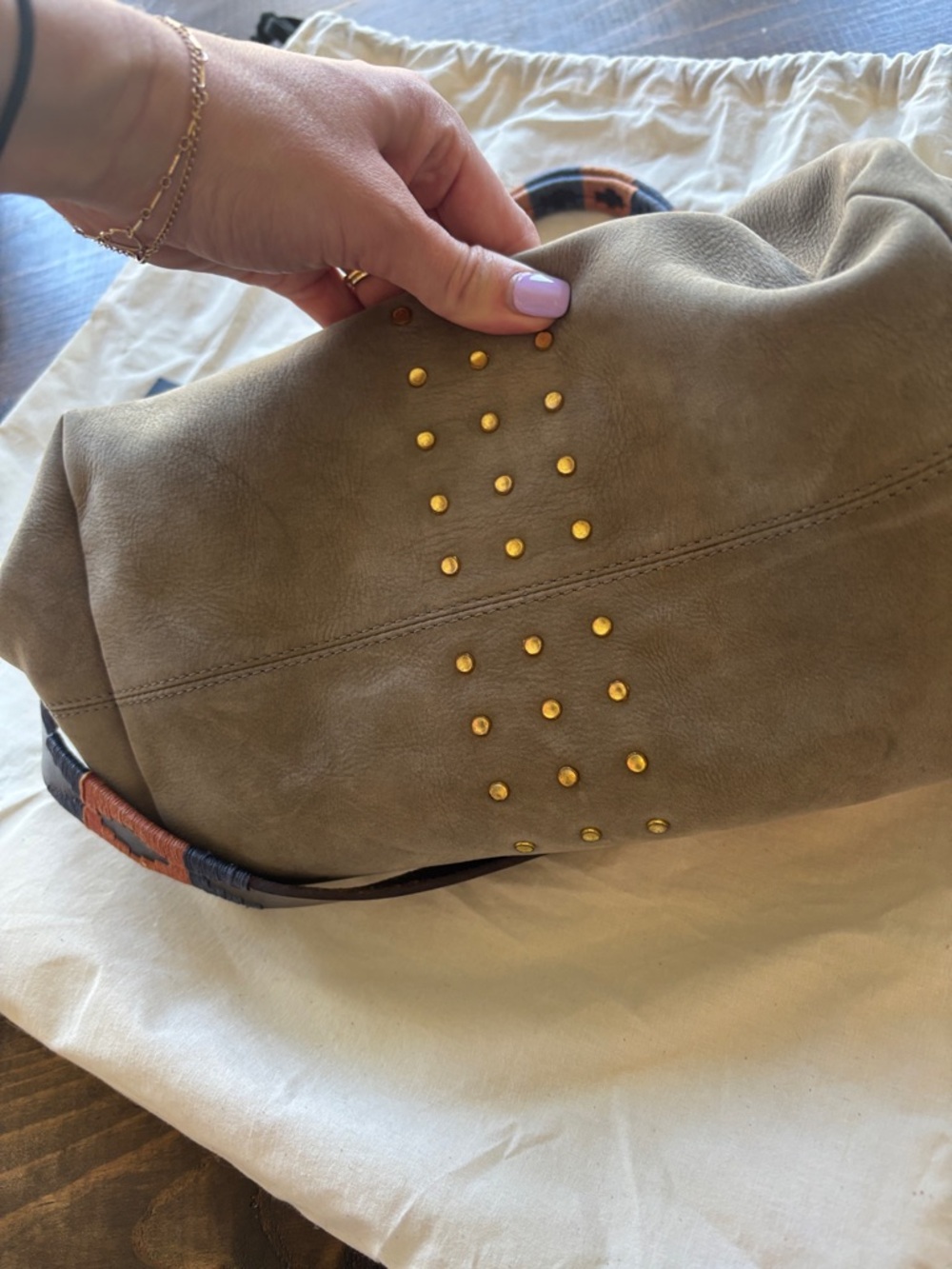 Kempton & Co. Taupe Leather Tote with Stud Accents and Patterned Strap - Picture 5 of 5